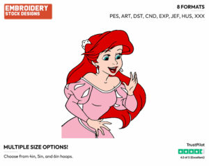 Ariel In Pink Dress - Disney's The Little Mermaid - Embroidery Design in 3 sizes & 8 formats