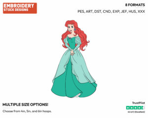 Ariel In Her Green Dress - Disney's The Little Mermaid - Embroidery Design in 3 sizes & 8 formats