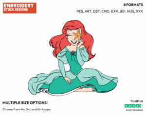 Ariel In Her Green Dress Holding A Starfish - Disney's The Little Mermaid - Embroidery Design in 3 sizes & 8 formats