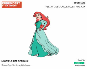 Ariel In Her Green Dress - Disney's The Little Mermaid - Embroidery Design in 3 sizes & 8 formats