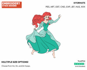 Ariel Running In Green Dress - Disney's The Little Mermaid - Embroidery Design in 3 sizes & 8 formats