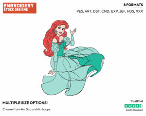 Ariel Sitting In Green Dress - Disney's The Little Mermaid - Embroidery Design in 3 sizes & 8 formats