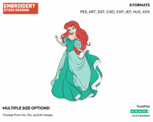 Ariel In Green Dress - Disney's The Little Mermaid - Embroidery Design in 3 sizes & 8 formats