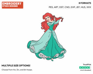 Ariel Brushing Hair With Fork In Green Dress - Disney's The Little Mermaid - Embroidery Design in 3 sizes & 8 formats