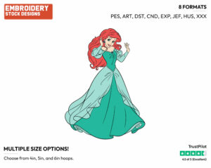 Ariel In Green Dress - Disney's The Little Mermaid - Embroidery Design in 3 sizes & 8 formats