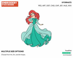 Ariel In Green Dress - Disney's The Little Mermaid - Embroidery Design in 3 sizes & 8 formats