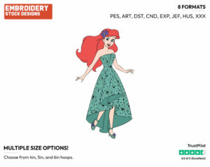 Ariel In Pretty Dress - Disney's The Little Mermaid - Embroidery Design in 3 sizes & 8 formats