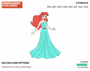 Ariel In Aqua Dress - Disney's The Little Mermaid - Embroidery Design in 3 sizes & 8 formats