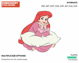 Ariel Sitting Down In Her Nightgown With A Pillow - Disney's The Little Mermaid - Embroidery Design in 3 sizes & 8 formats