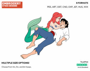 Ariel Tending To Unconscious Eric On The Beach - Disney's The Little Mermaid - Embroidery Design in 3 sizes & 8 formats
