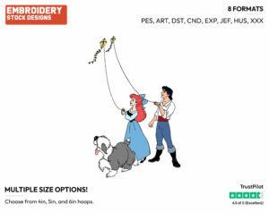 Ariel, Eric Flying Kites With Max - Disney's The Little Mermaid - Embroidery Design in 3 sizes & 8 formats