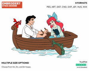 Ariel, Eric, Sebastian In Boat - Disney's The Little Mermaid - Embroidery Design in 3 sizes & 8 formats