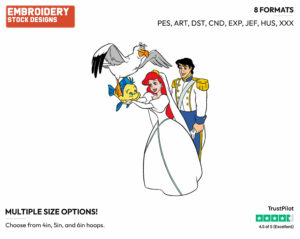 Ariel, Eric, Flounder, Scuttle On Wedding Day - Disney's The Little Mermaid - Embroidery Design in 3 sizes & 8 formats