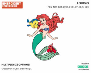 Ariel With Flounder And Sebastian - Disney's The Little Mermaid - Embroidery Design in 3 sizes & 8 formats