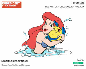 Ariel Hugging Flounder - Disney's The Little Mermaid - Embroidery Design in 3 sizes & 8 formats