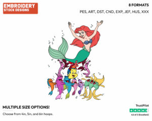 Ariel, Flounder, Sebastian And Other Fish Under The Sea - Disney's The Little Mermaid - Embroidery Design in 3 sizes & 8 formats