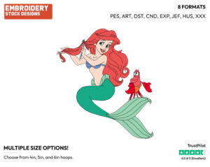 Ariel Combing Her Hair, Sebastian - Disney's The Little Mermaid - Embroidery Design in 3 sizes & 8 formats