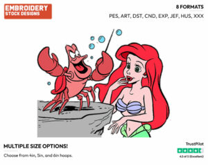 Ariel, Conductor Sebastian - Disney's The Little Mermaid - Embroidery Design in 3 sizes & 8 formats