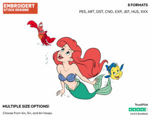 Ariel, Flounder, Sebastian - Disney's The Little Mermaid - Embroidery Design in 3 sizes & 8 formats