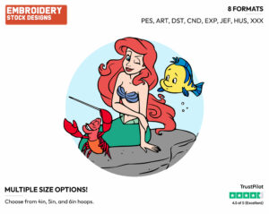 Ariel, Flounder, Sebastian - Disney's The Little Mermaid - Embroidery Design in 3 sizes & 8 formats
