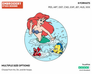 Ariel, Flounder, Sebastian Splashing In The Water - Disney's The Little Mermaid - Embroidery Design in 3 sizes & 8 formats