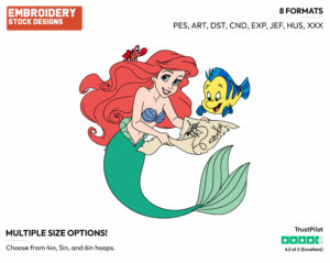 Ariel, Flounder, Sebastian, Treasure Map - Disney's The Little Mermaid - Embroidery Design in 3 sizes & 8 formats