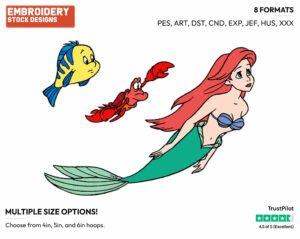 Ariel, Flounder, Sebastian - Disney's The Little Mermaid - Embroidery Design in 3 sizes & 8 formats