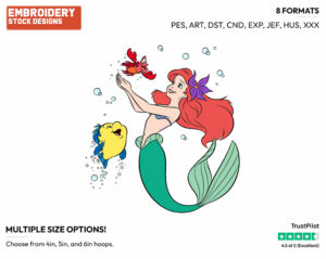Playful Ariel, Flounder, Sebastian - Disney's The Little Mermaid - Embroidery Design in 3 sizes & 8 formats