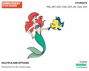 Ariel And Flounder - Disney's The Little Mermaid - Embroidery Design in 3 sizes & 8 formats