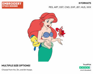 Ariel, Flounder, Sebastian - Disney's The Little Mermaid - Embroidery Design in 3 sizes & 8 formats
