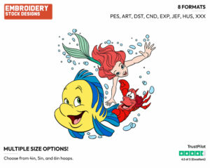 Ariel, Flounder, Sebastian - Disney's The Little Mermaid - Embroidery Design in 3 sizes & 8 formats