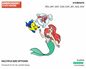 Ariel, Flounder, Sebastian - Disney's The Little Mermaid - Embroidery Design in 3 sizes & 8 formats