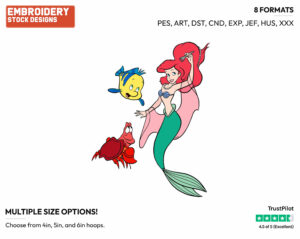 Ariel, Flounder, Sebastian - Disney's The Little Mermaid - Embroidery Design in 3 sizes & 8 formats
