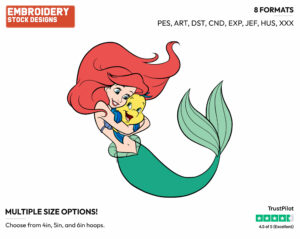 Ariel Hugging Flounder - Disney's The Little Mermaid - Embroidery Design in 3 sizes & 8 formats