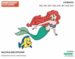 Ariel, Flounder Swimming - Disney's The Little Mermaid - Embroidery Design in 3 sizes & 8 formats