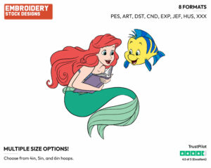 Ariel, Flounder, Book - Disney's The Little Mermaid - Embroidery Design in 3 sizes & 8 formats