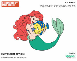 Ariel, Flounder Hugging - Disney's The Little Mermaid - Embroidery Design in 3 sizes & 8 formats