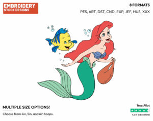 Ariel, Flounder On Treasure Hunt - Disney's The Little Mermaid - Embroidery Design in 3 sizes & 8 formats