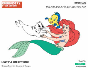 Ariel, Flounder, Baby Seal - Disney's The Little Mermaid - Embroidery Design in 3 sizes & 8 formats