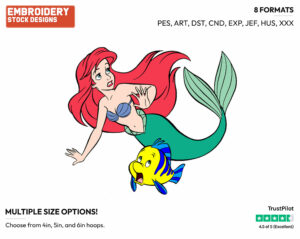 Ariel, Flounder Looking Frightened - Disney's The Little Mermaid - Embroidery Design in 3 sizes & 8 formats
