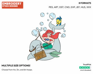 Ariel, Flounder Riding Dolphin - Disney's The Little Mermaid - Embroidery Design in 3 sizes & 8 formats