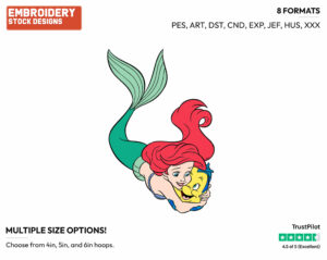 Ariel Hugging Flounder - Disney's The Little Mermaid - Embroidery Design in 3 sizes & 8 formats