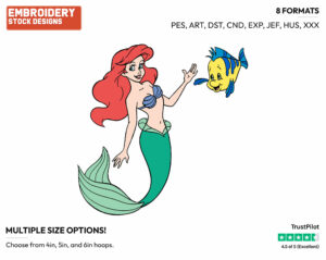 Ariel, Flounder - Disney's The Little Mermaid - Embroidery Design in 3 sizes & 8 formats