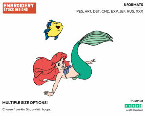 Ariel, Flounder - Disney's The Little Mermaid - Embroidery Design in 3 sizes & 8 formats