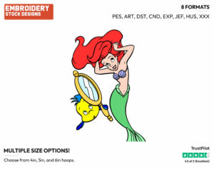 Flounder Holding A Mirror Up To Ariel - Disney's The Little Mermaid - Embroidery Design in 3 sizes & 8 formats