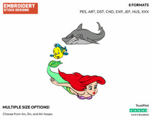 Ariel, Flounder Swimming Away From Shark - Disney's The Little Mermaid - Embroidery Design in 3 sizes & 8 formats