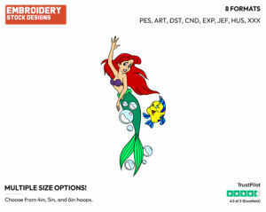 Ariel, Flounder - Disney's The Little Mermaid - Embroidery Design in 3 sizes & 8 formats