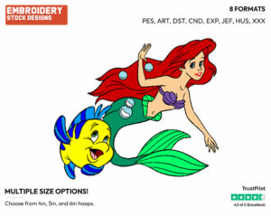 Ariel, Flounder - Disney's The Little Mermaid - Embroidery Design in 3 sizes & 8 formats