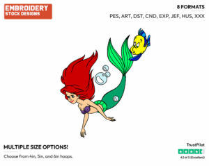 Ariel, Flounder - Disney's The Little Mermaid - Embroidery Design in 3 sizes & 8 formats