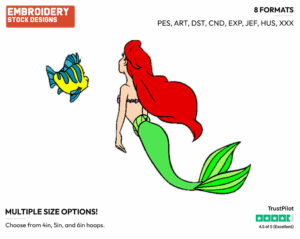 Ariel, Flounder Back View - Disney's The Little Mermaid - Embroidery Design in 3 sizes & 8 formats